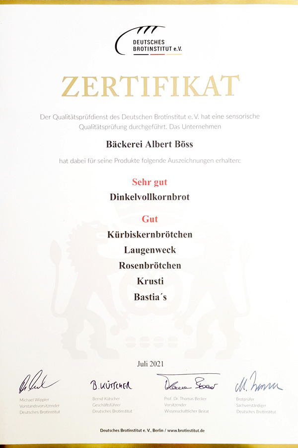 Bäckerei Böss - News - Zertifikate Deutsches Brotinstitut e. V.